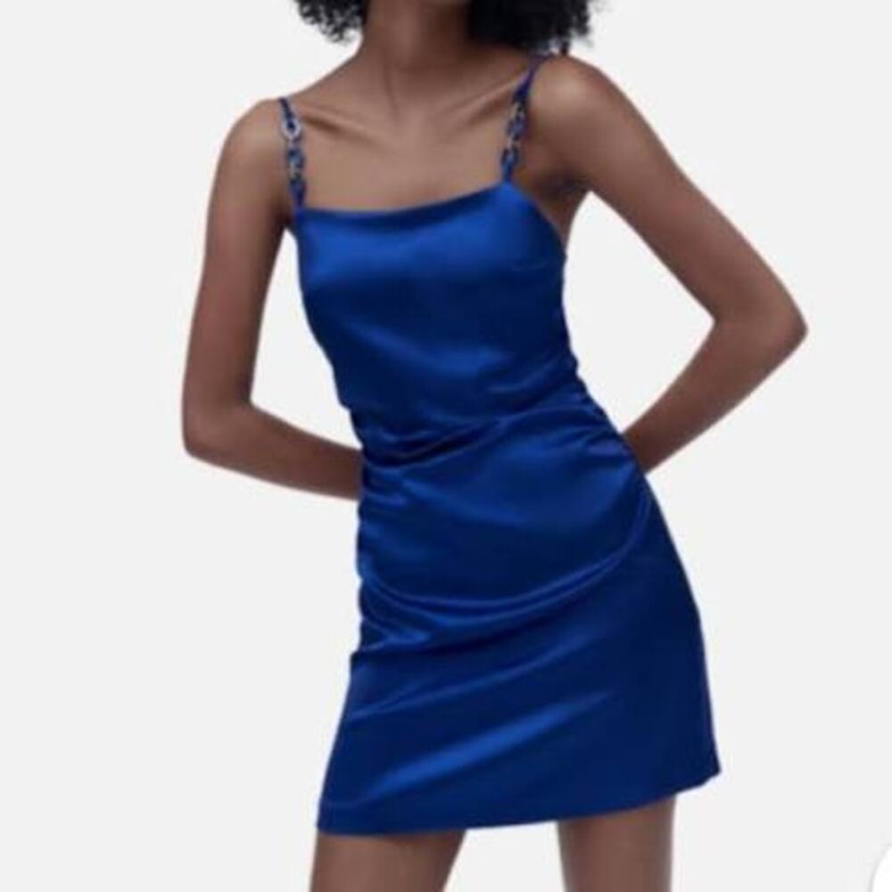ZARA Satin Mini Slip Dress GORGEOUS COLOR Chain Straps Midnight Blue Size XS